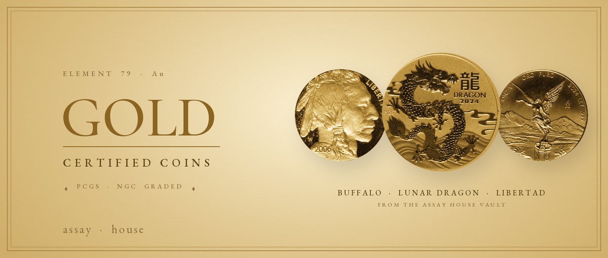 Gold certified coins - Buffalo, Lunar Dragon and Libertad from the assay house vault