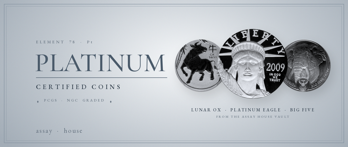 Platinum certified coins - Lunar Ox, Platinum Eagle and Big Five from the assay house vault