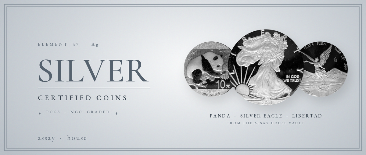 Silver certified coins - Panda, Silver Eagle and Libertad from the assay house vault
