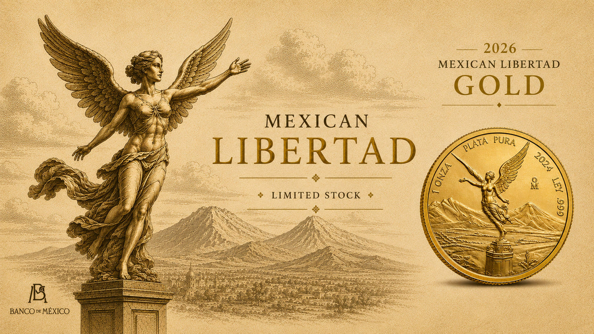 Mexican Libertad — winged Victory and a gold Libertad coin