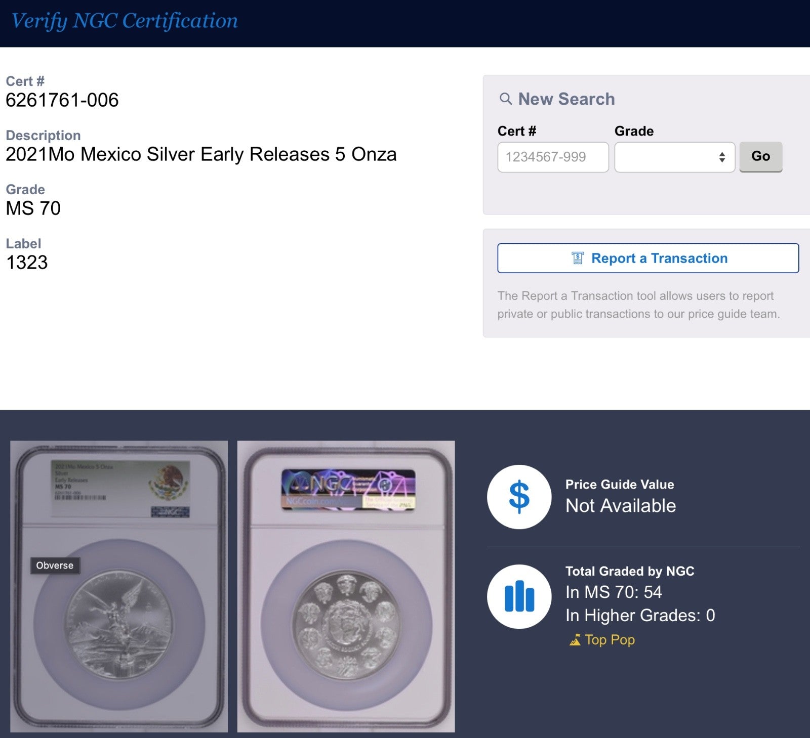 🇲🇽 2021 Mexico 5 Oz Silver Libertad NGC Early Release MS70 POP 54 Mintage 6050
