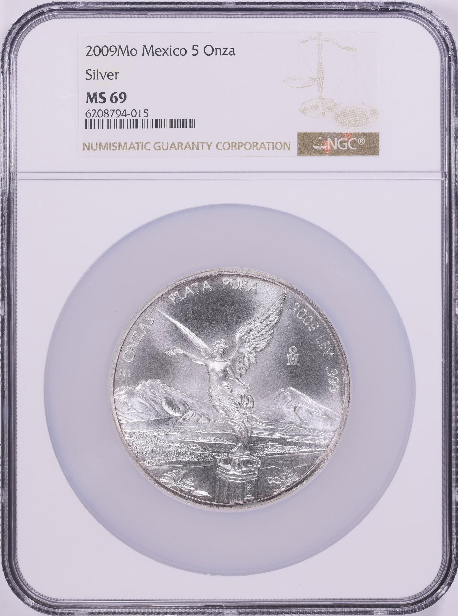 Mexico 2009-Mo Silver 5 Onza Libertad KM-615 NGC MS-69 (ASW = 4.995 oz.)