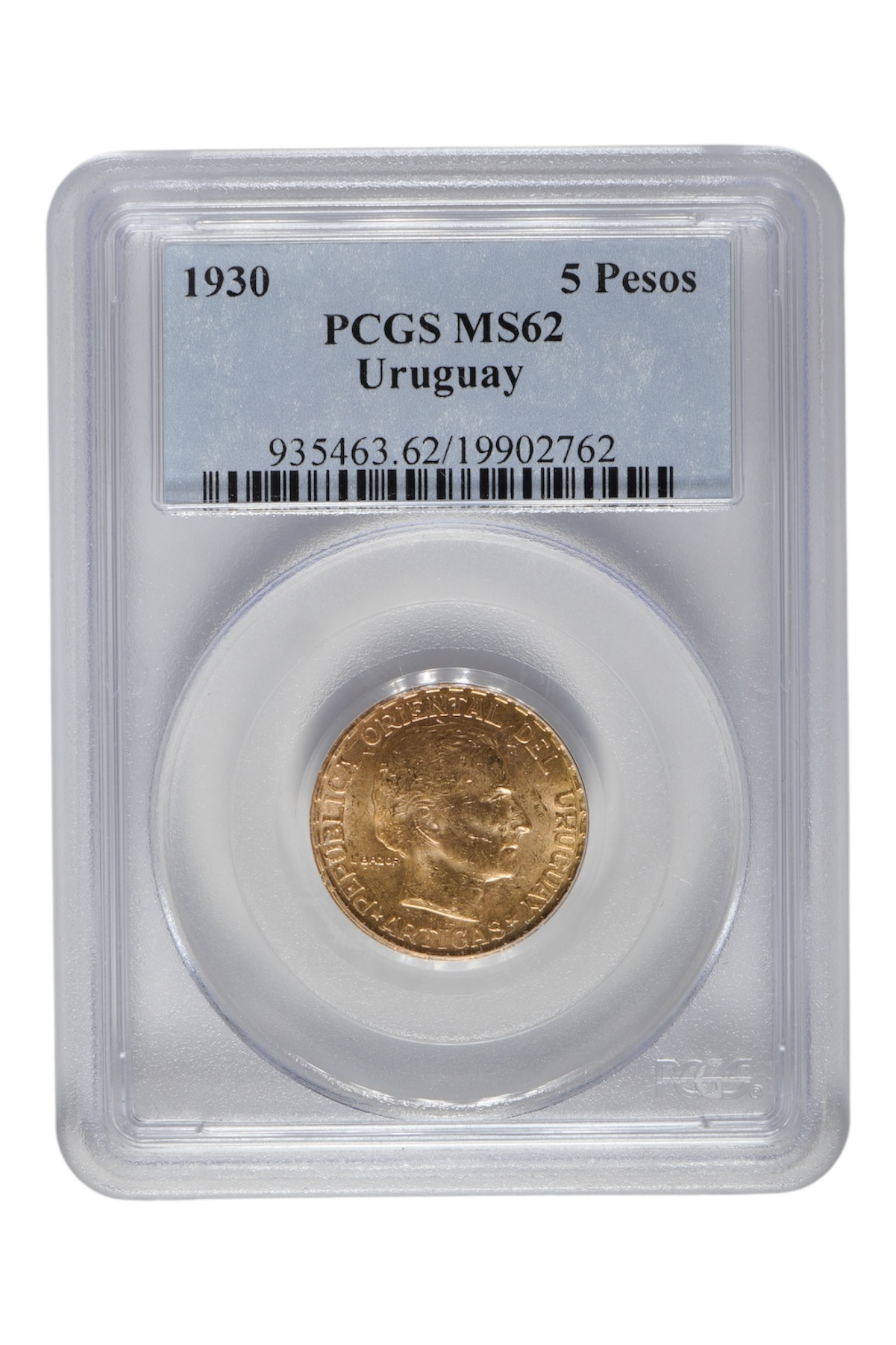 1930 0.2501 oz Gold Uruguay 5 Pesos PCGS MS 62
