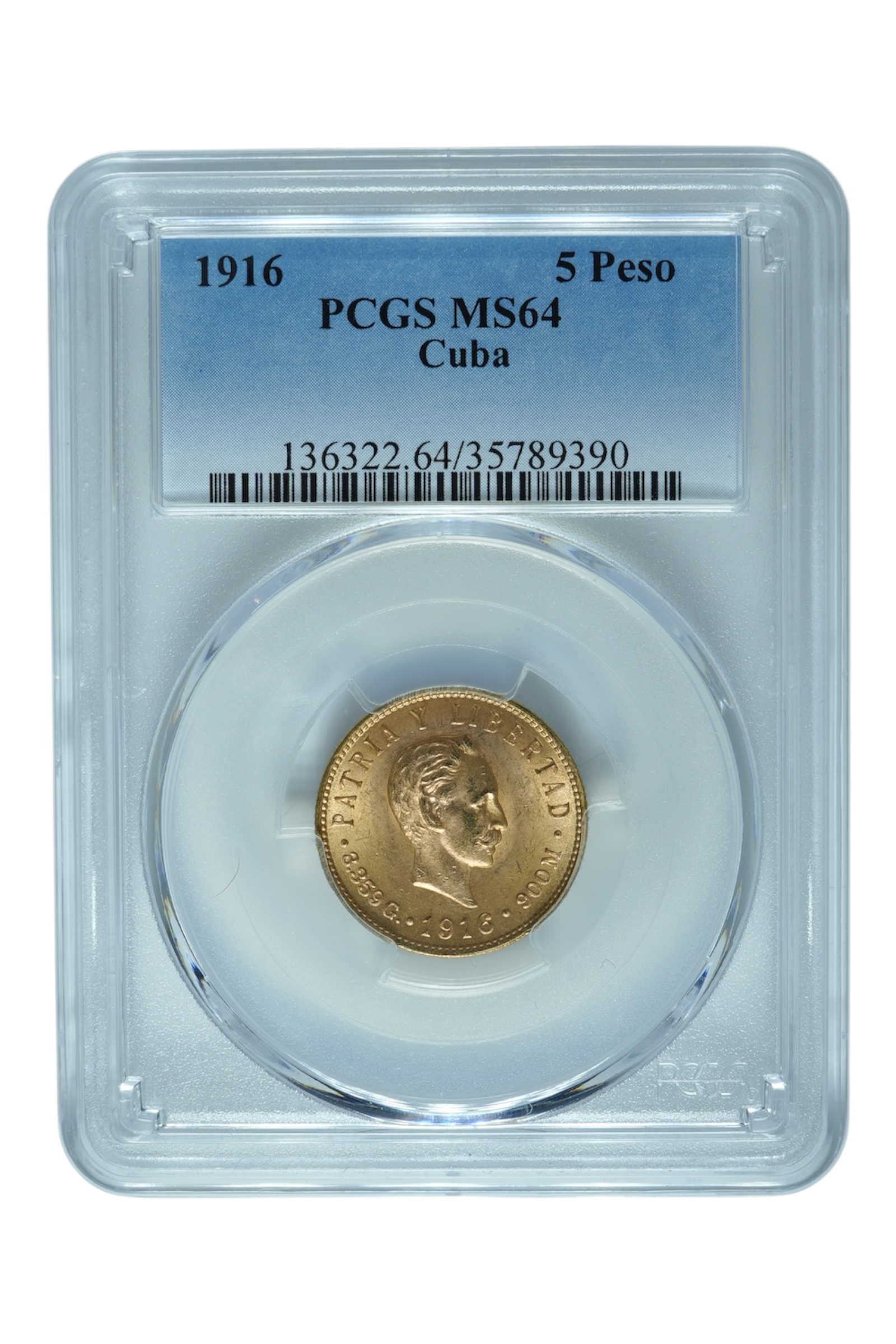 1916 0.2419 oz Gold Cuba 5 Pesos PCGS MS 64
