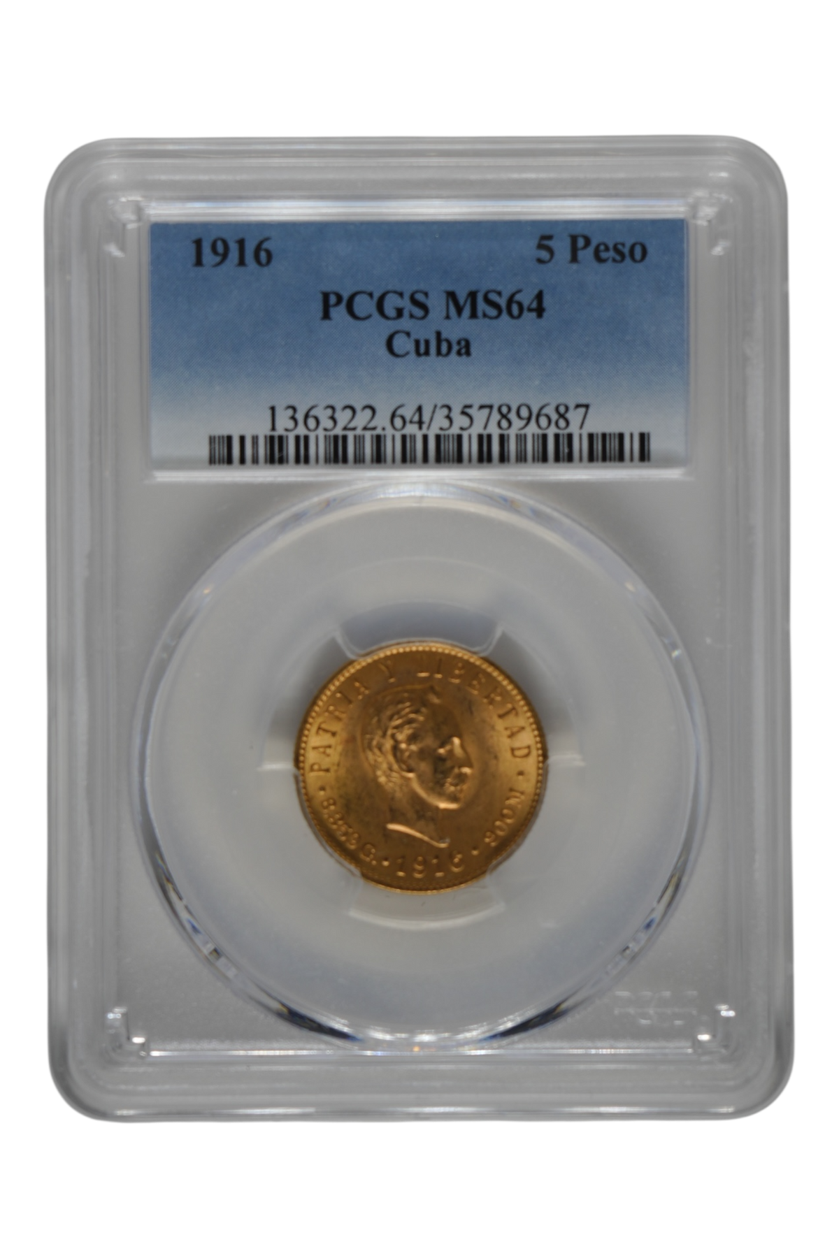 1916 Cuba 5 Pesos Gold PCGS MS 64