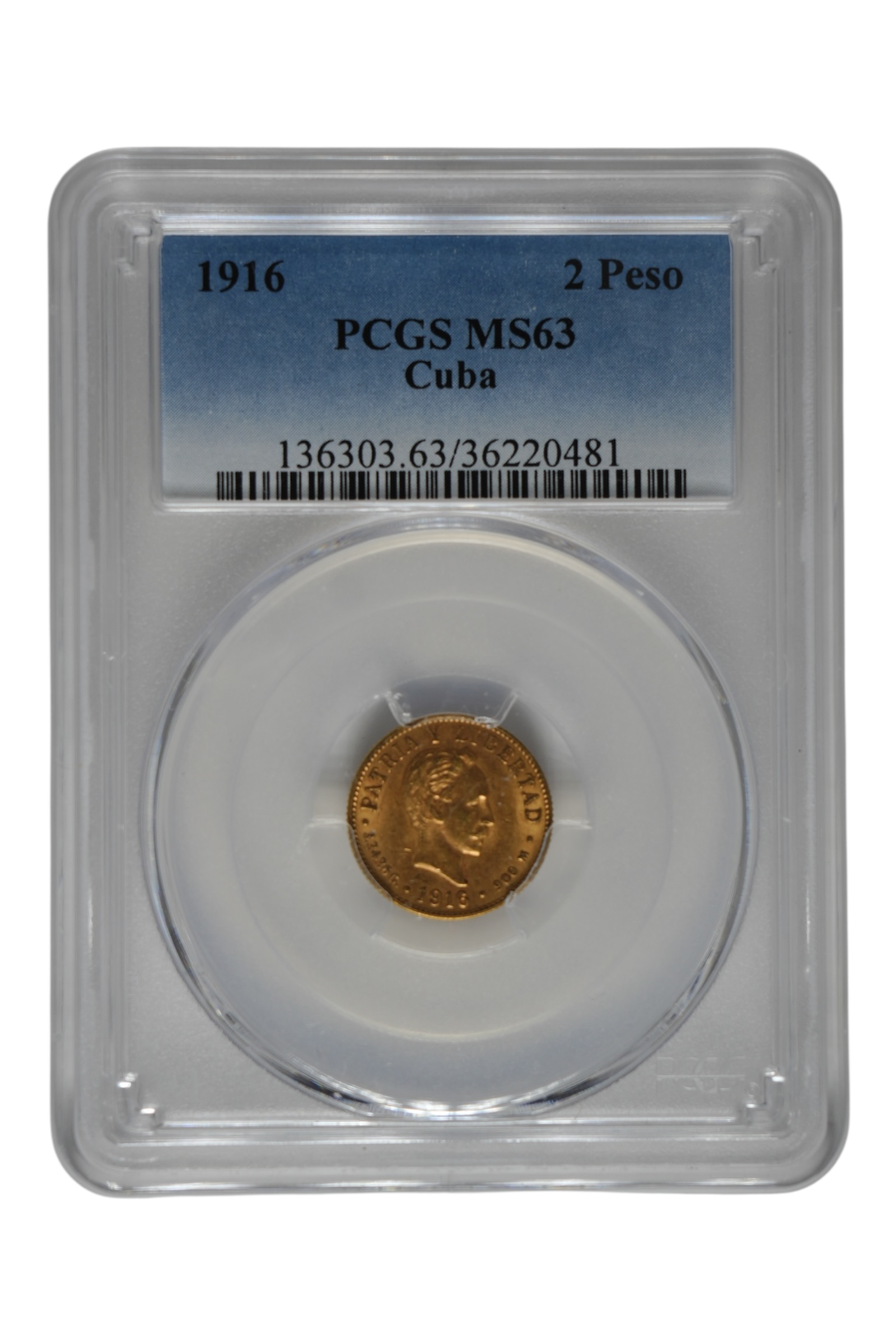 Cuba 1916 Gold 2 Pesos PCGS MS-63