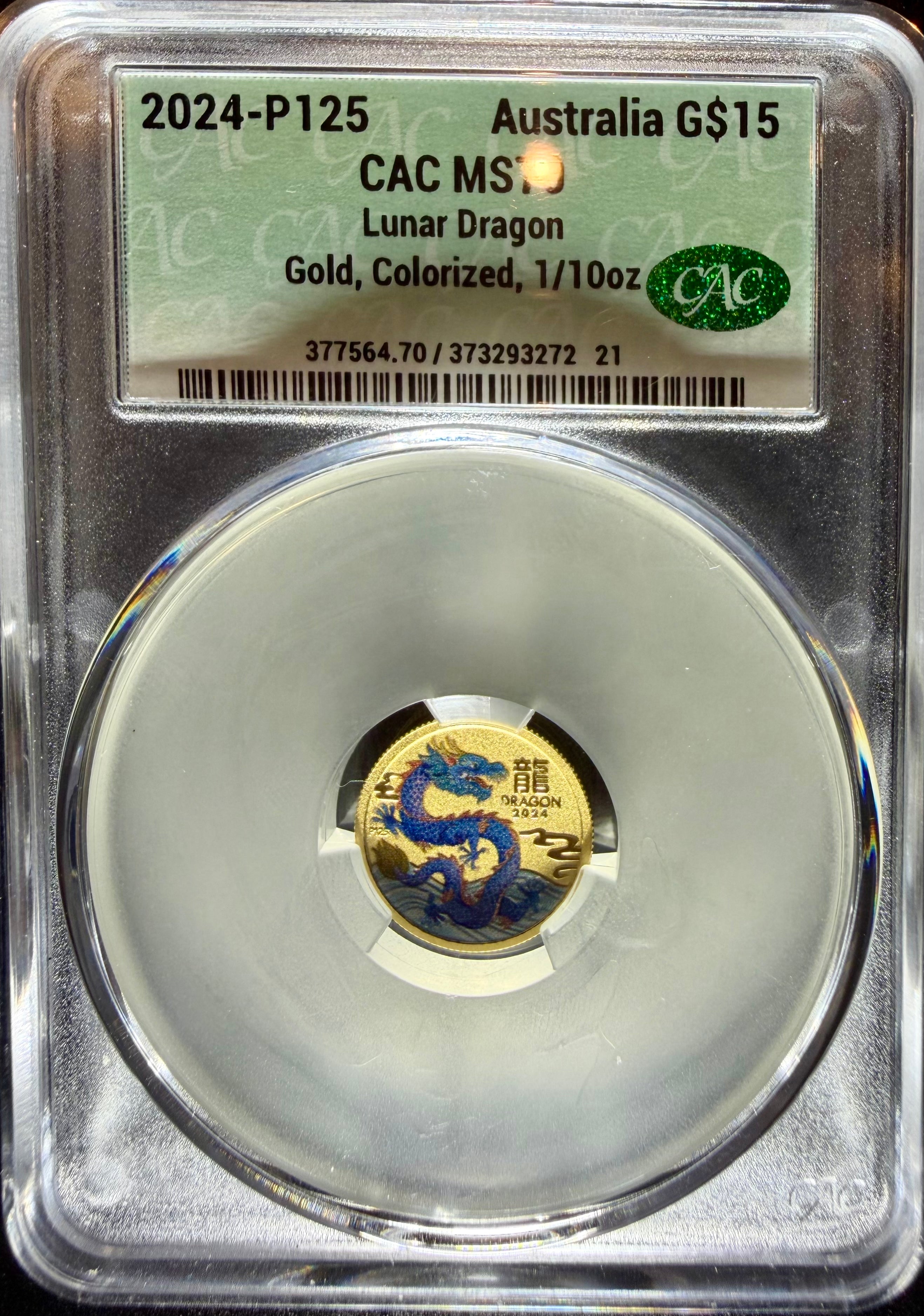 2024-P125 1/10 oz Gold Australia Lunar Dragon CACG MS70 Colorized