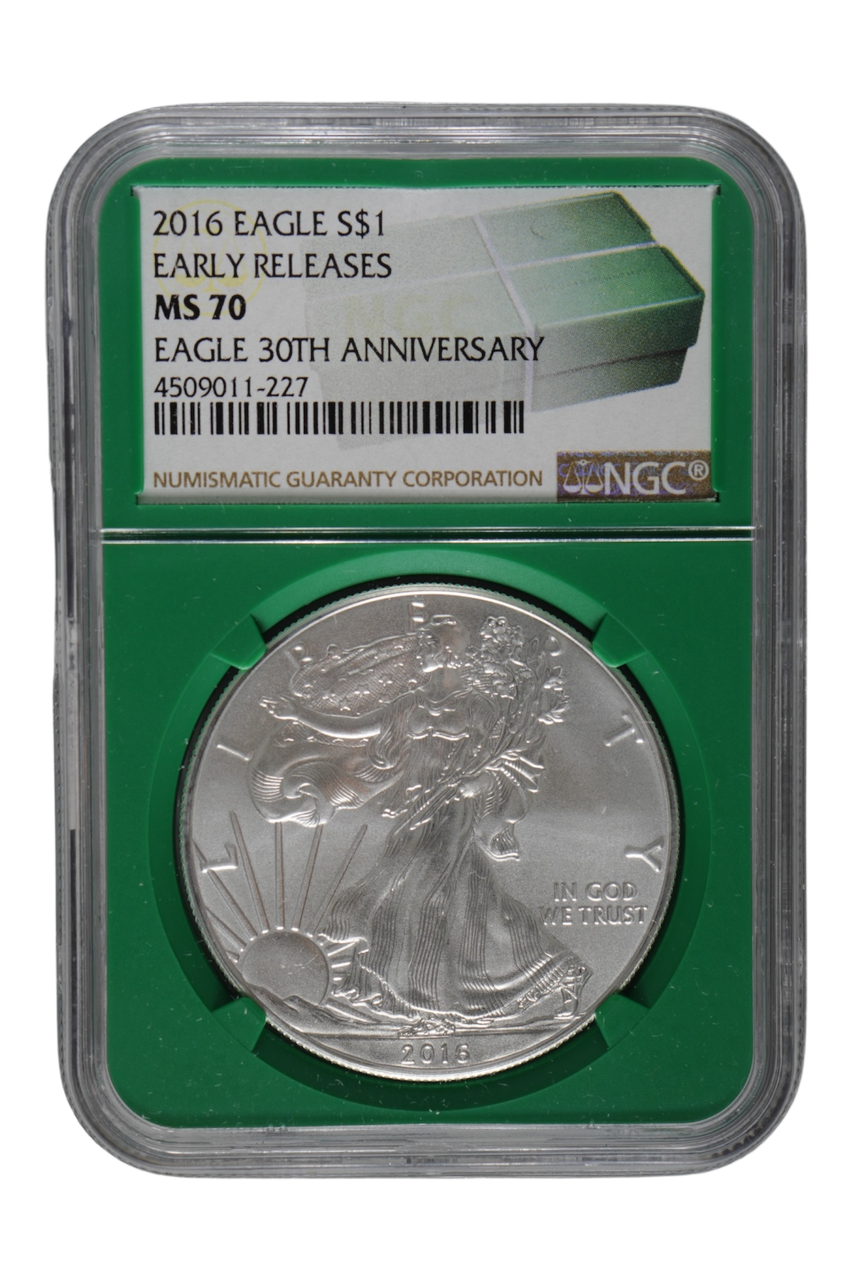 2016 $1 Silver Eagle 30th Anniversary Early Releases NGC MS-70 (Green Monster Box Holder)
