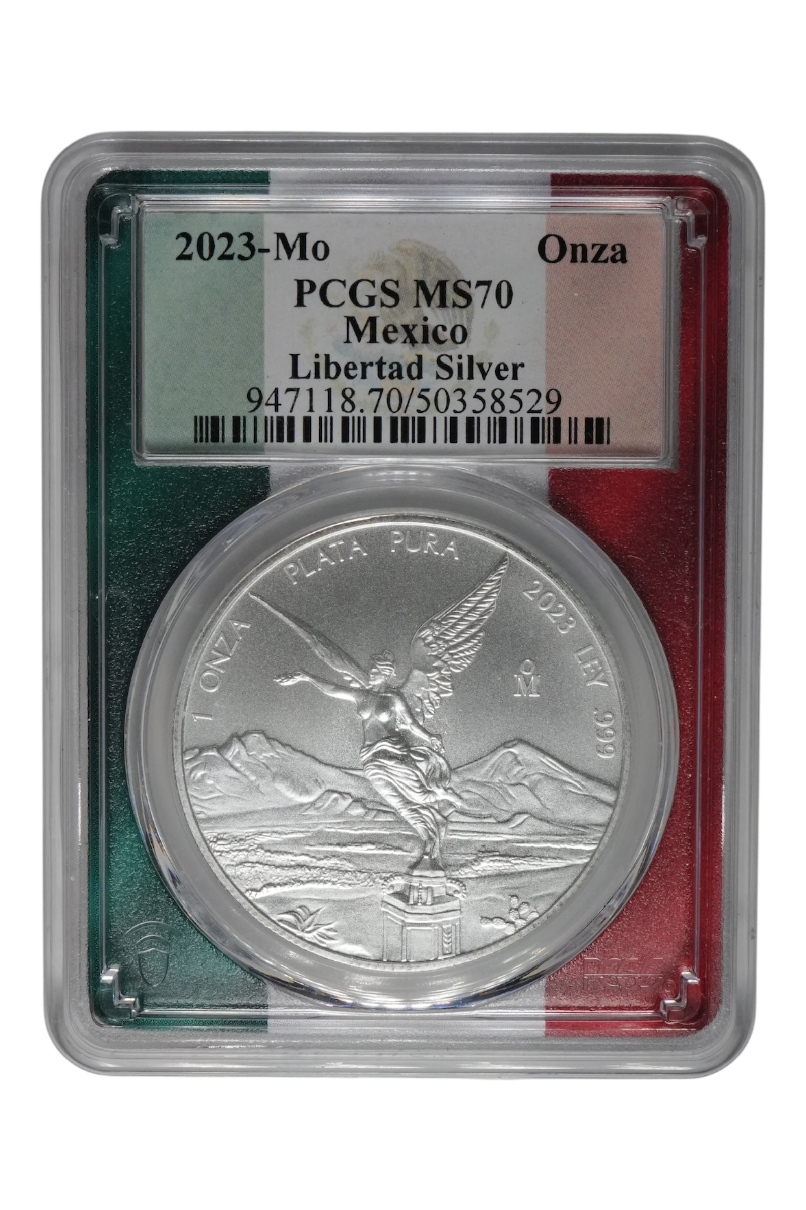 2023-Mo 1 oz Silver Mexico Libertad PCGS MS-70 Flag Picture Frame