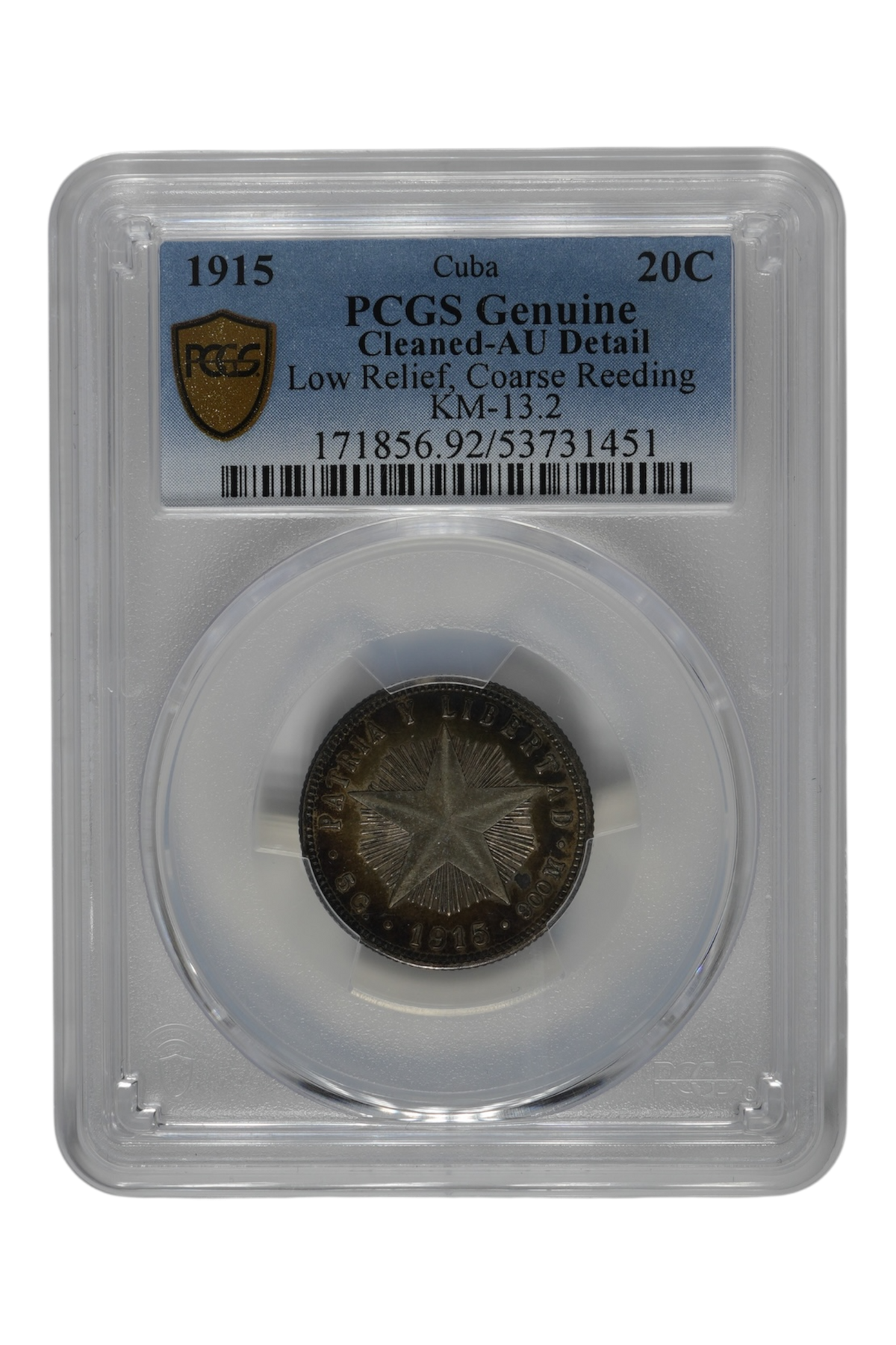 1915 0.1449 oz Silver Cuba 20 Centavos PCGS Genuine AU Detail