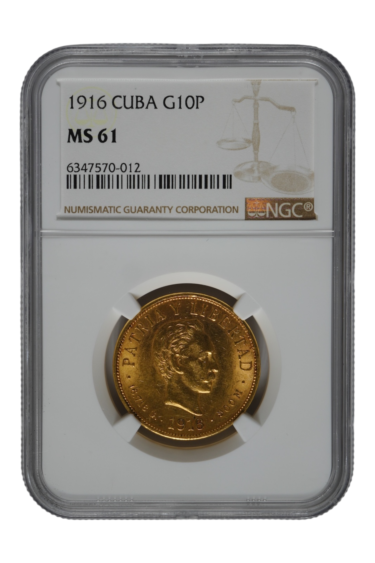 1916 0.4842 oz Gold Cuba 10 Pesos NGC MS-61