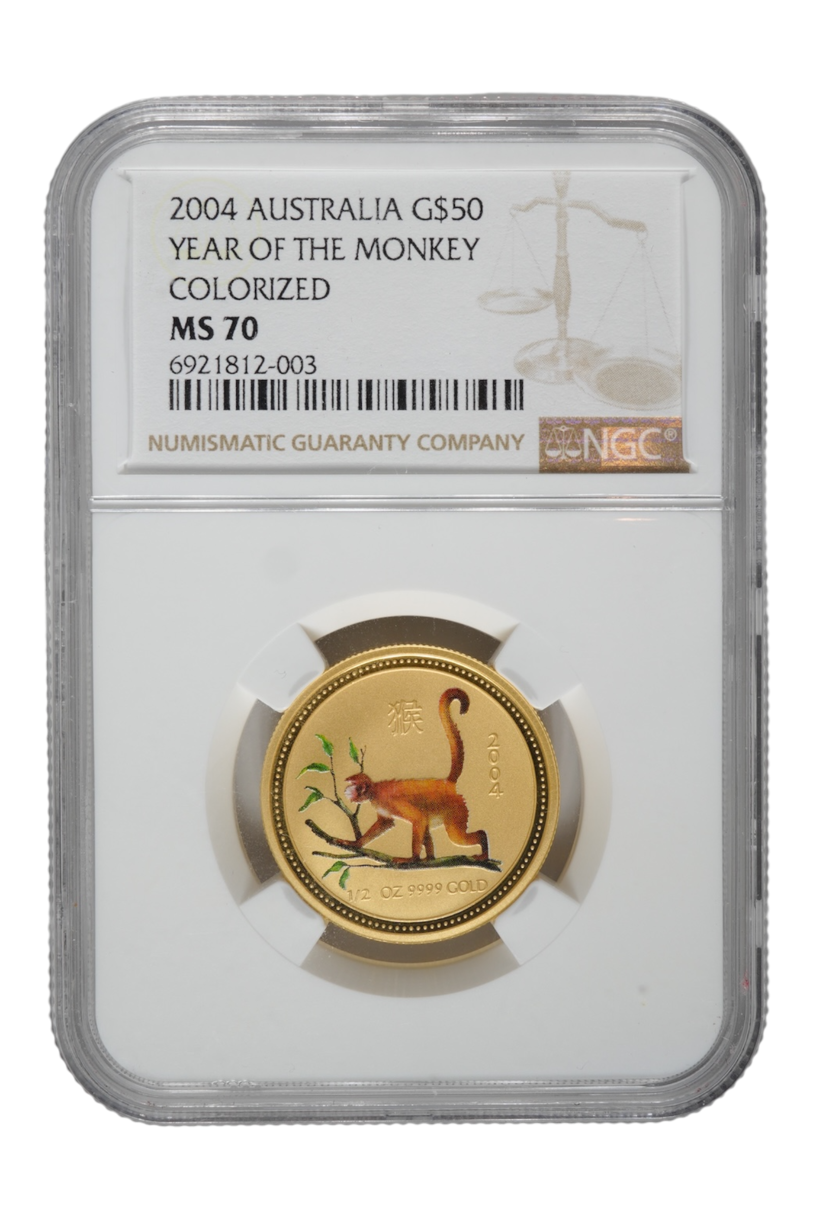 2004 1/2 oz Gold Australia Lunar Monkey NGC MS 70 Colorized