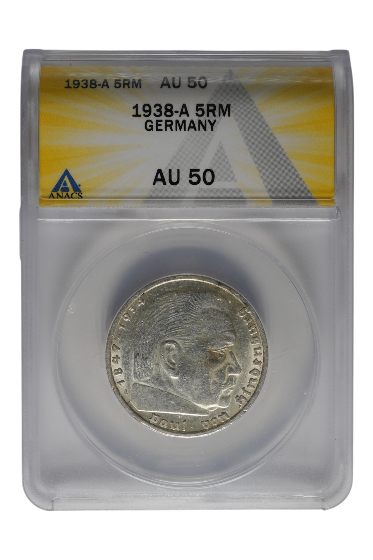 1938 Germany Silver 5 Reichsmark ANACS AU 50