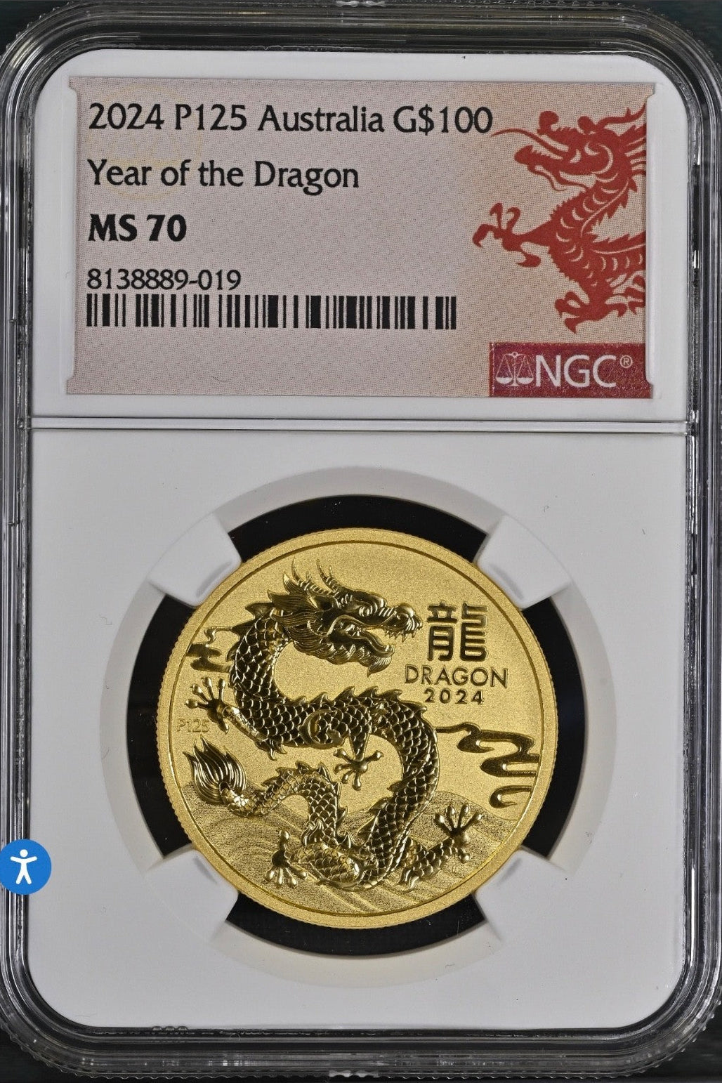 2024 1 oz Gold Australia Lunar Dragon NGC MS 70