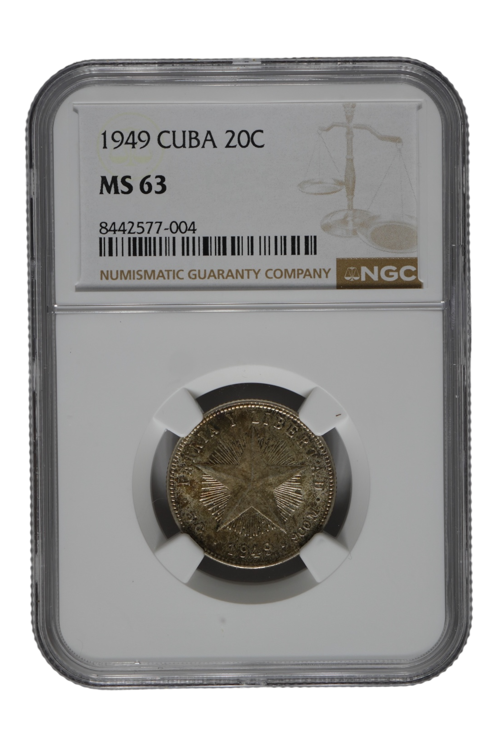 1949 0.1449 oz Silver Cuba 20 Centavos NGC MS-63