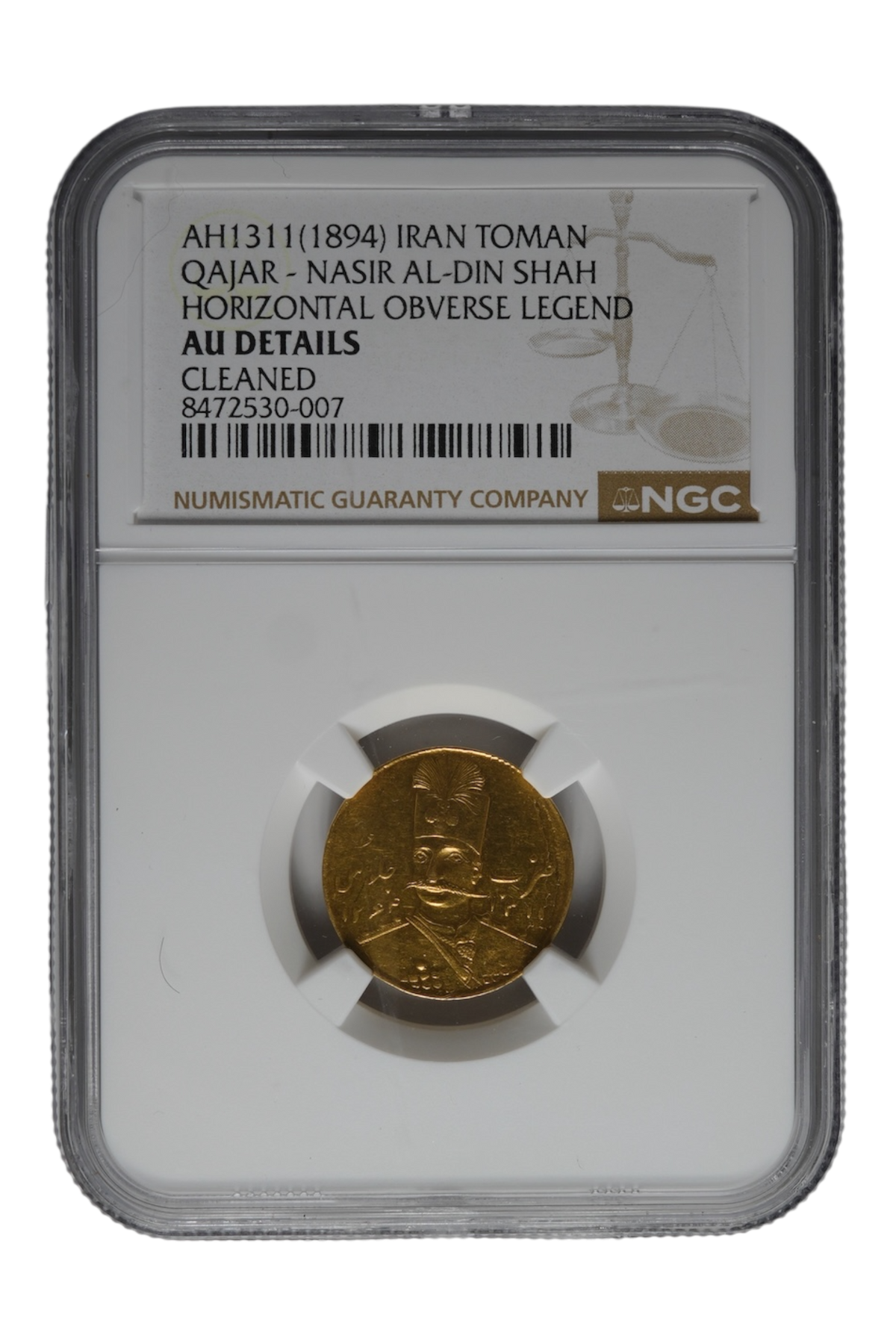Iran - Qajar AH 1311 (1894) Gold Toman Nasir al-Din Shah KM-933 NGC AU Details (Cleaned) (AGW = 0.0832 oz)