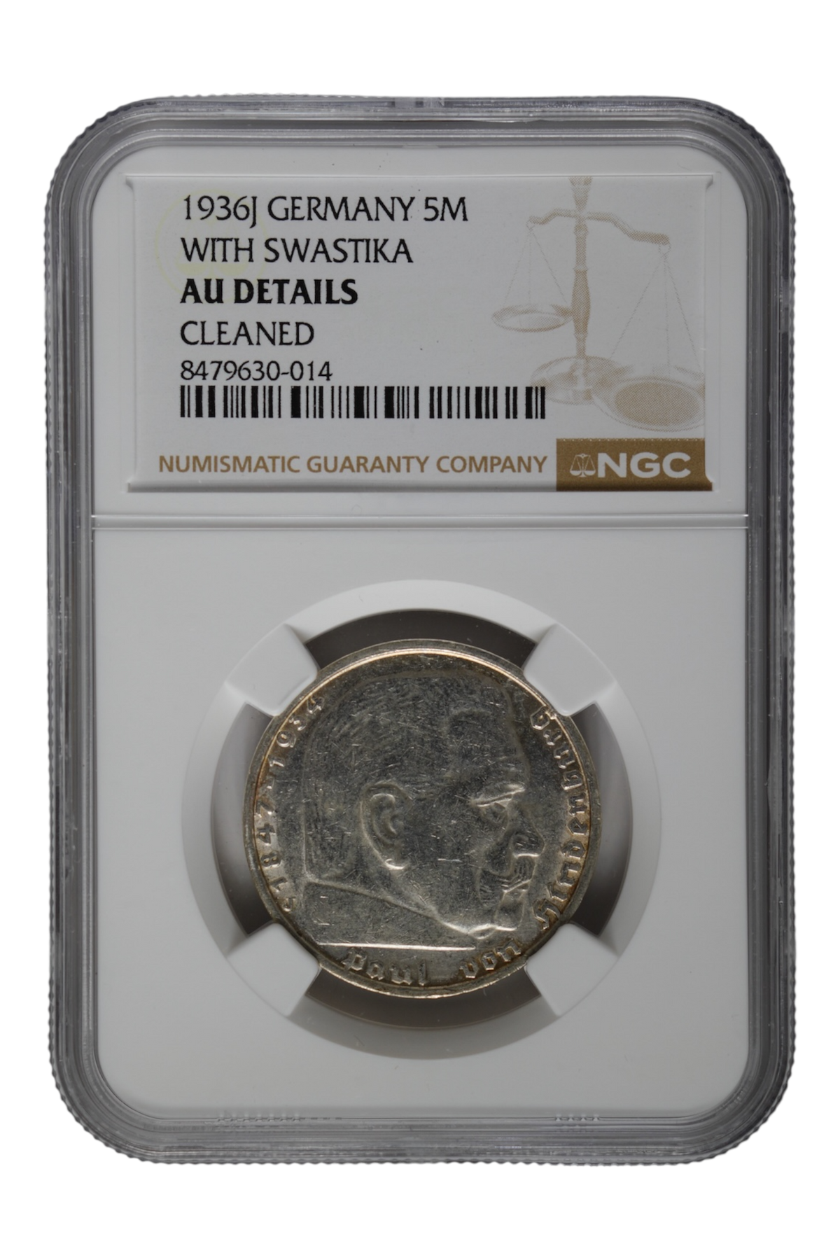 Germany 1936-J Silver 5 Marks KM-94 NGC AU Details (Cleaned)