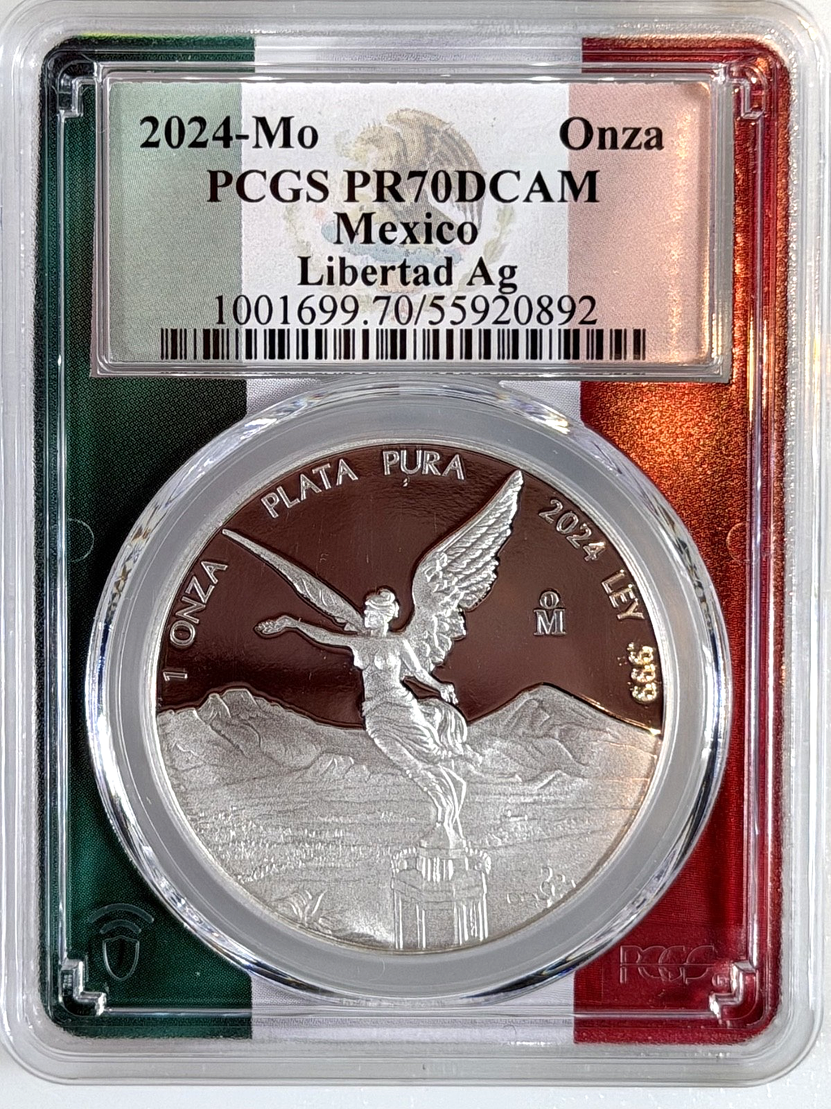 🇲🇽 2024-Mo Mexico 1 oz Silver Libertad PCGS PR70 DCAM – Flag Picture Frame