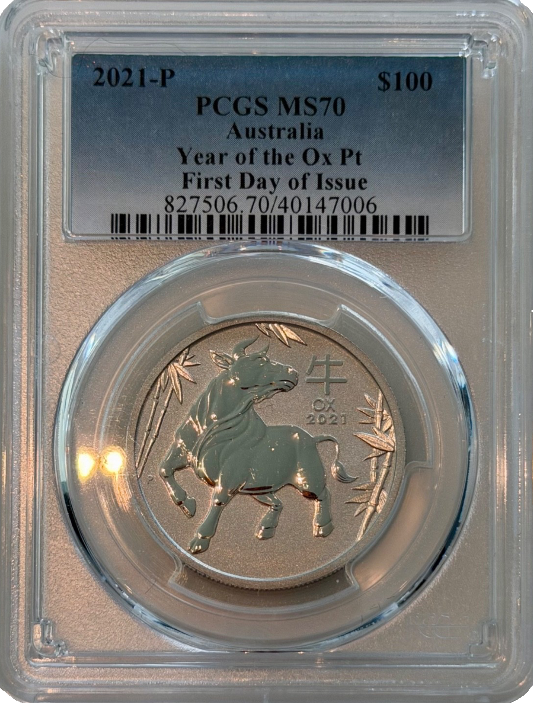 🇦🇺 2021-P Australia 1 oz Platinum Lunar Ox $100 PCGS MS70 First Day of Issue |
