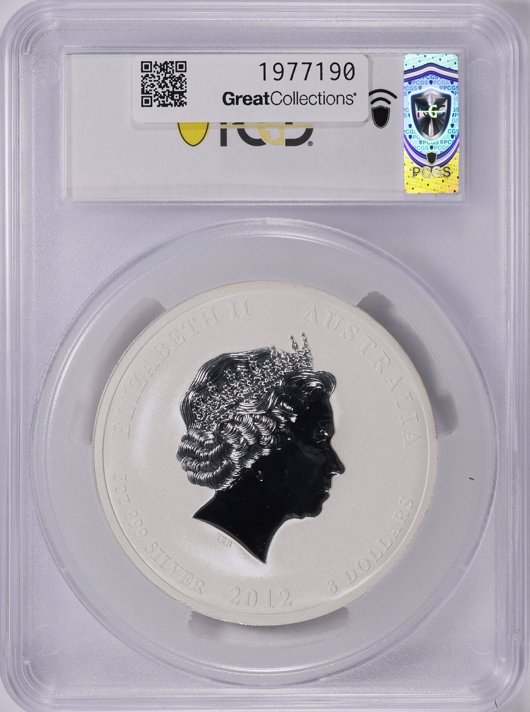 Australia 2012-P Silver $8 Year of the Dragon 5oz KM-1794 PCGS MS-70 (ASW = 4.9944 Oz.)