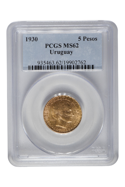 1930 0.2501 oz Gold Uruguay 5 Pesos PCGS MS 62