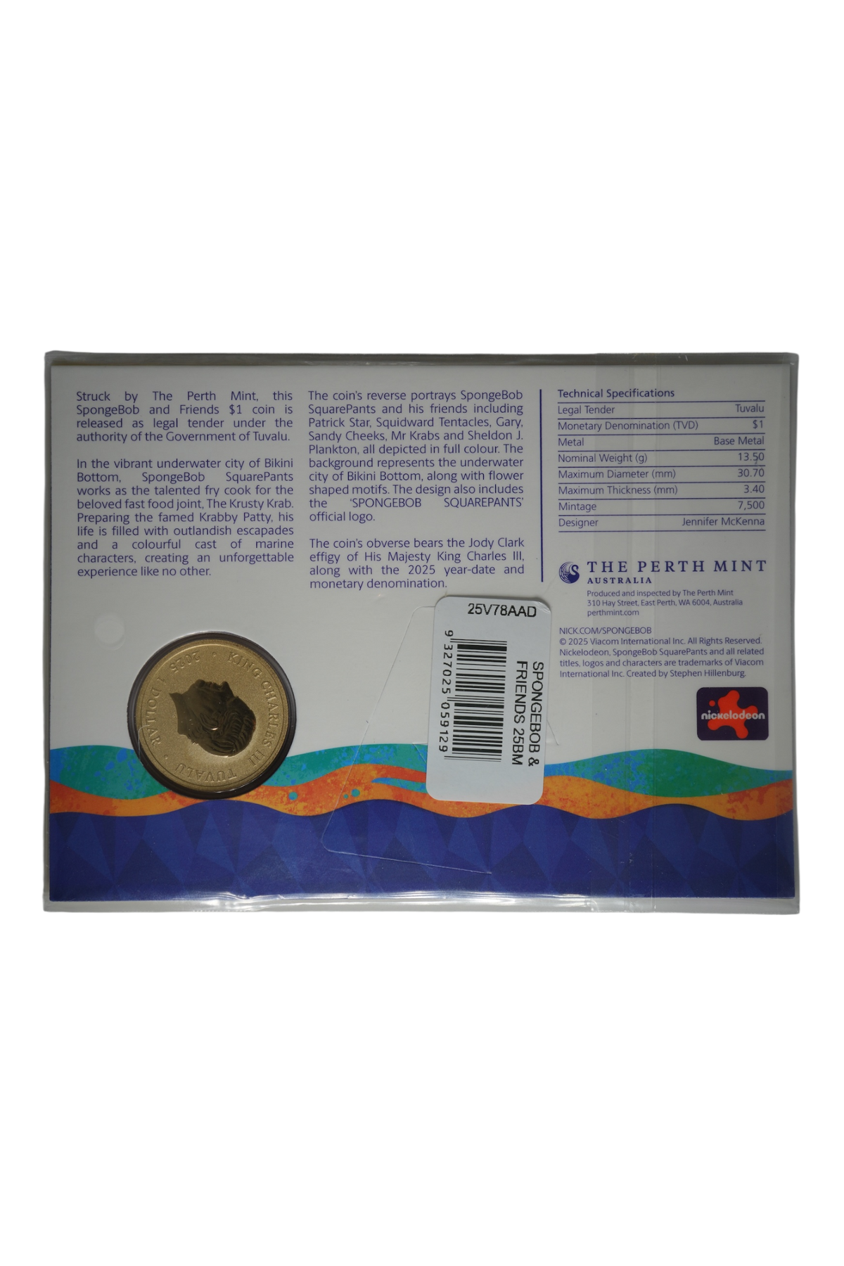 2025 Tuvalu SpongeBob & Friends $1 Coloured Uncirculated Coin in Card (Perth Mint, mintage 7500)