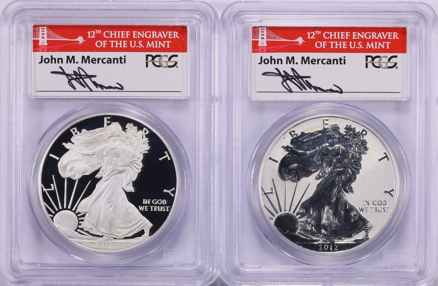 2012-S $1 Silver Eagle Proof & Reverse Proof 75th Anniversary SF Mint Set First Strike PCGS Proof-70 DCAM (Mercanti Signed SF Bridge Labels) (2 Coins)