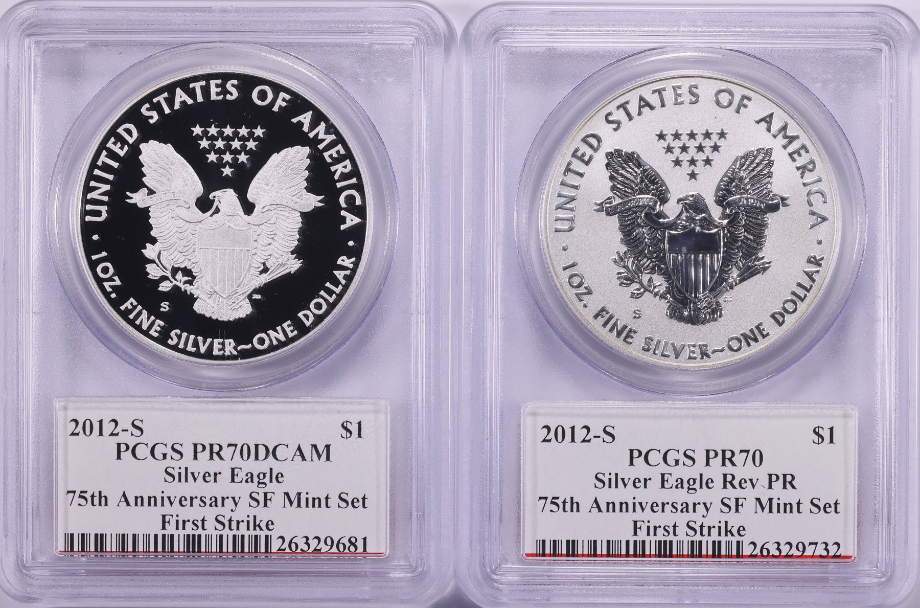 2012-S $1 Silver Eagle Proof & Reverse Proof 75th Anniversary SF Mint Set First Strike PCGS Proof-70 DCAM (Mercanti Signed SF Bridge Labels) (2 Coins)
