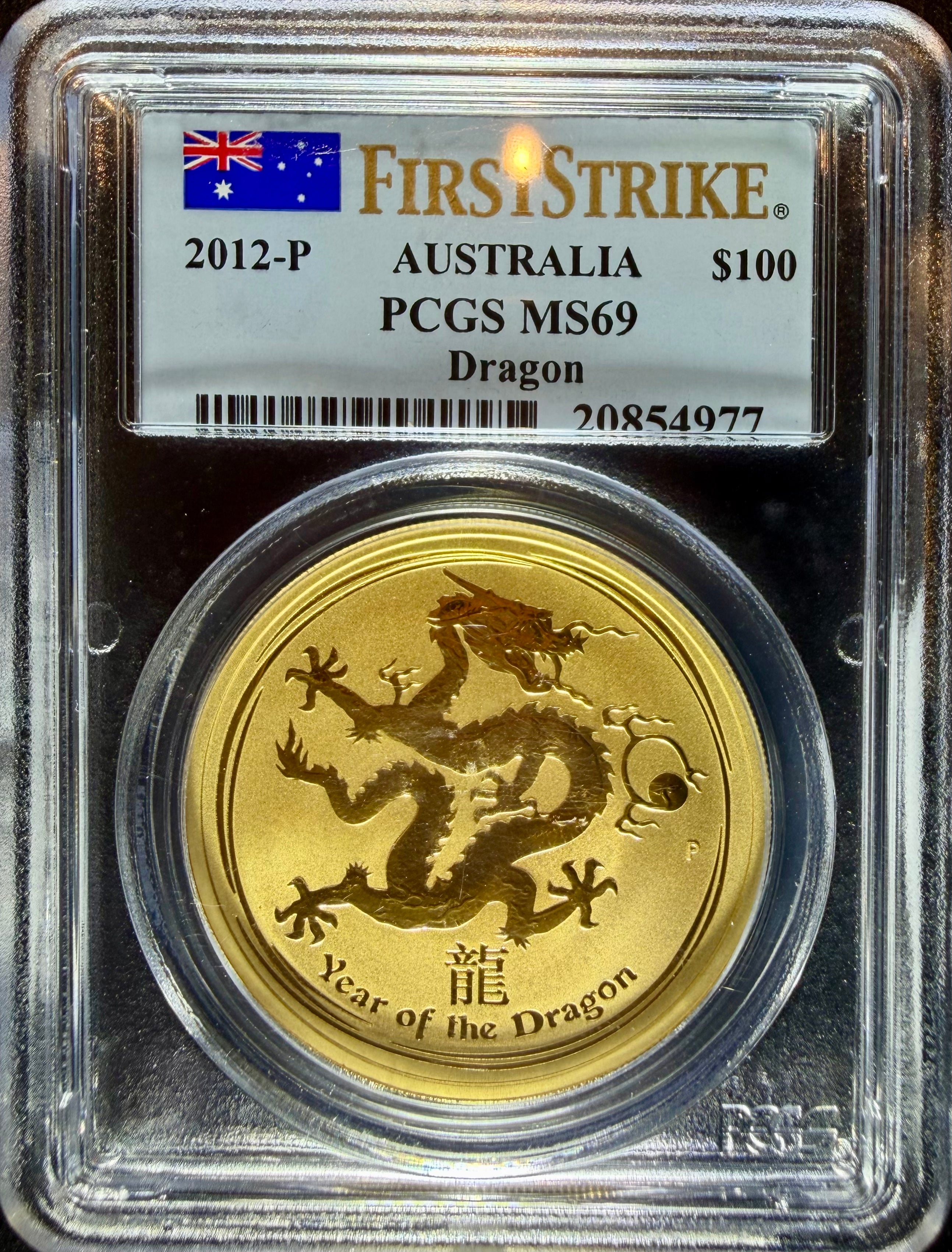 2012 1 oz Gold Australia Lunar Dragon PCGS MS-69