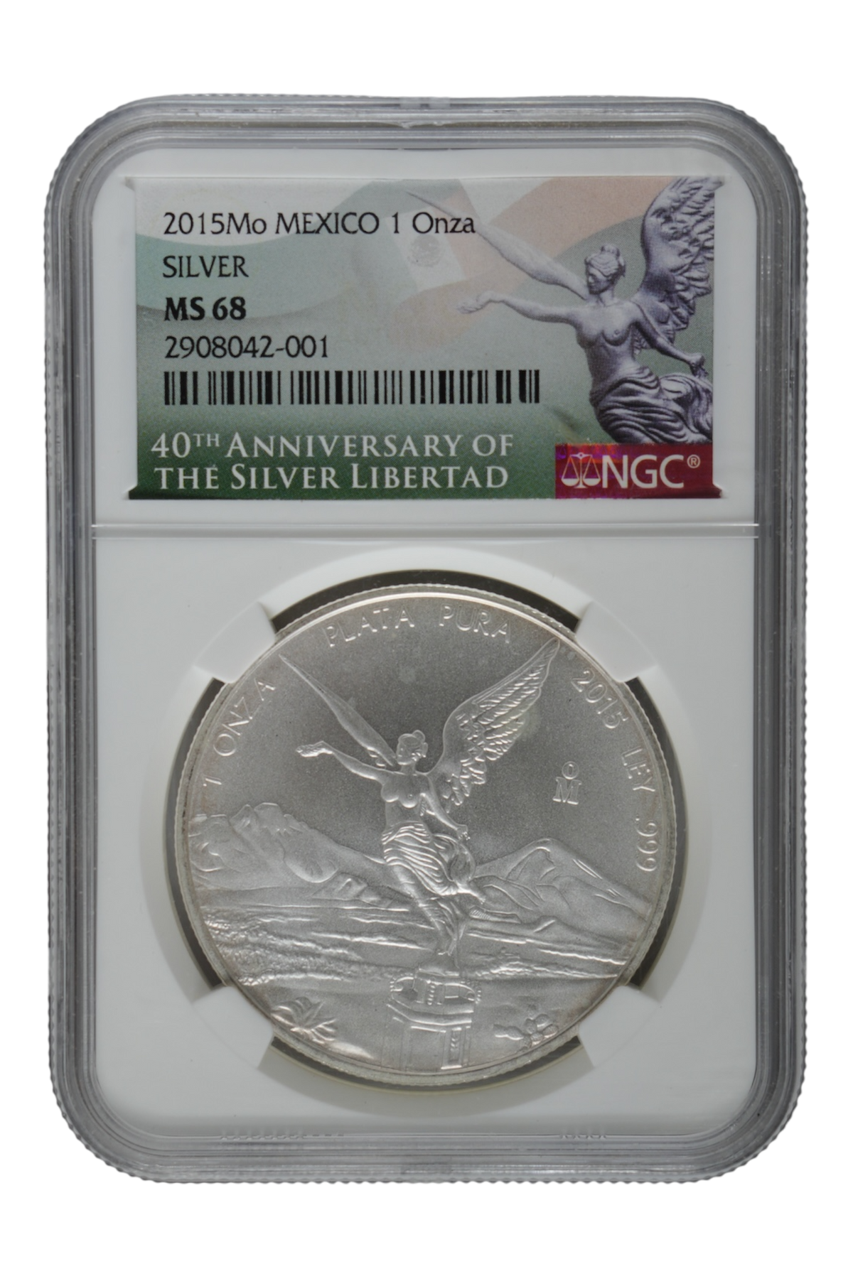 Mexico 2015-Mo Silver Onza Libertad KM-639 NGC MS-68 (Libertad 40th Anniversary Label)