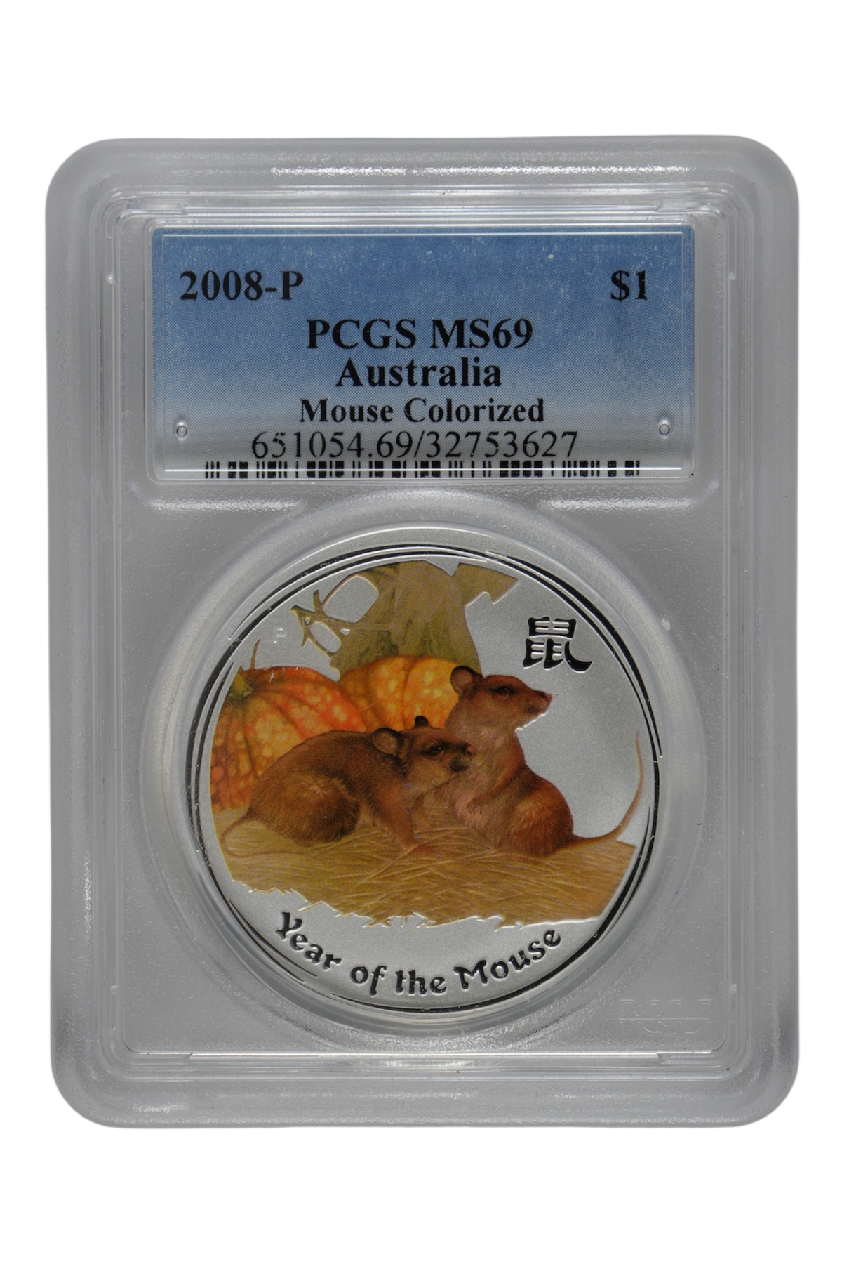 Australia 2008-P Colorized Silver Dollar Lunar Series, Year of the Mouse KM-1755 PCGS MS-69