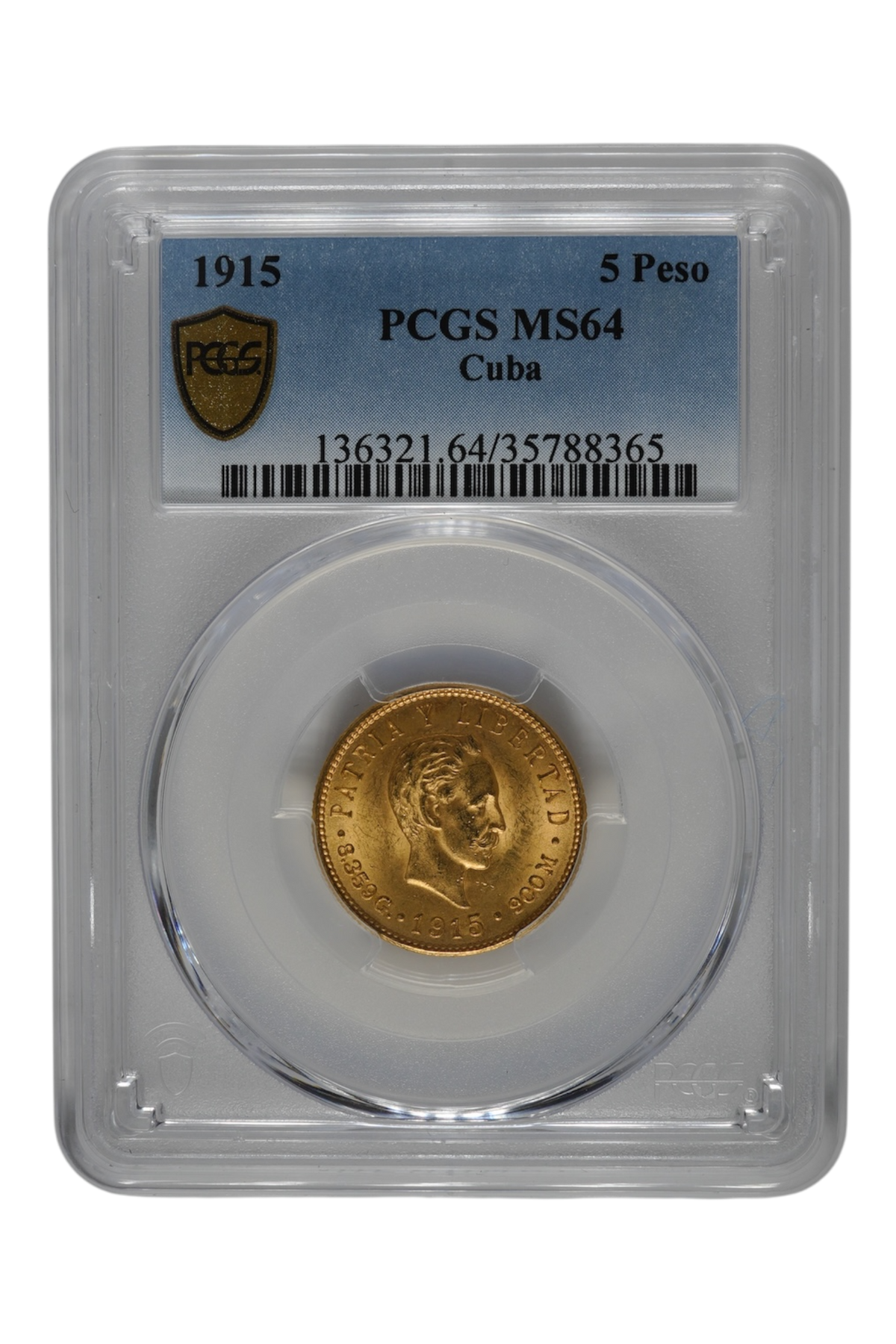1915 Gold Cuba 5 Pesos PCGS MS 64