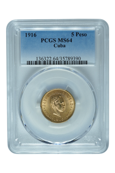 1916 0.2419 oz Gold Cuba 5 Pesos PCGS MS 64