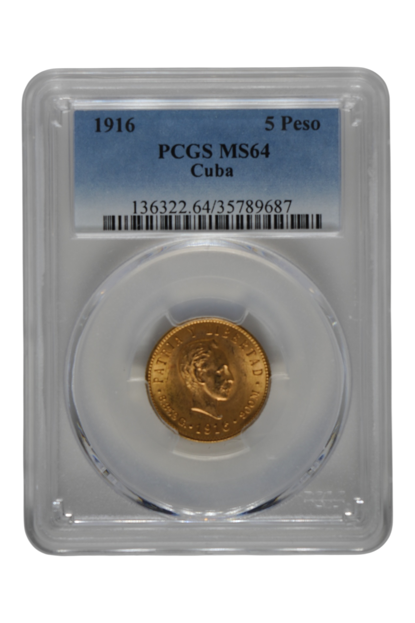 1916 Cuba 5 Pesos Gold PCGS MS 64