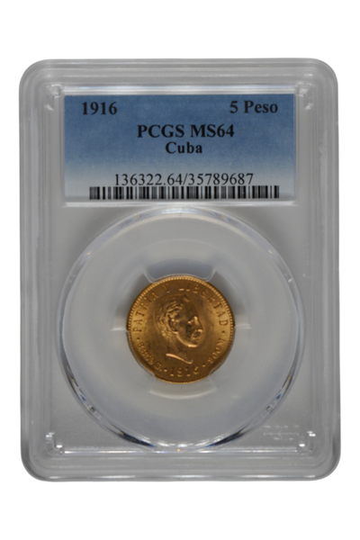 1916 Cuba 5 Pesos Gold PCGS MS 64