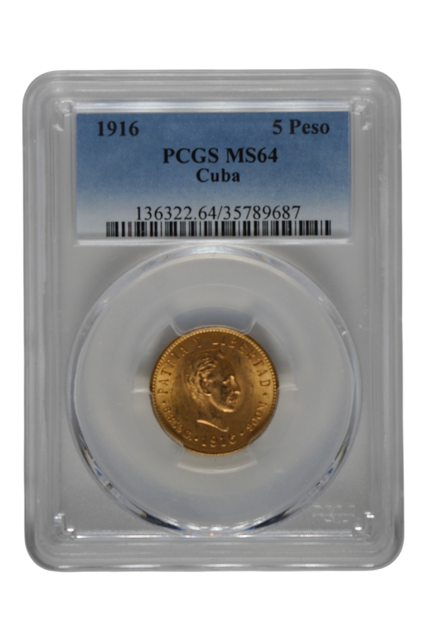 1916 Cuba 5 Pesos Gold PCGS MS 64