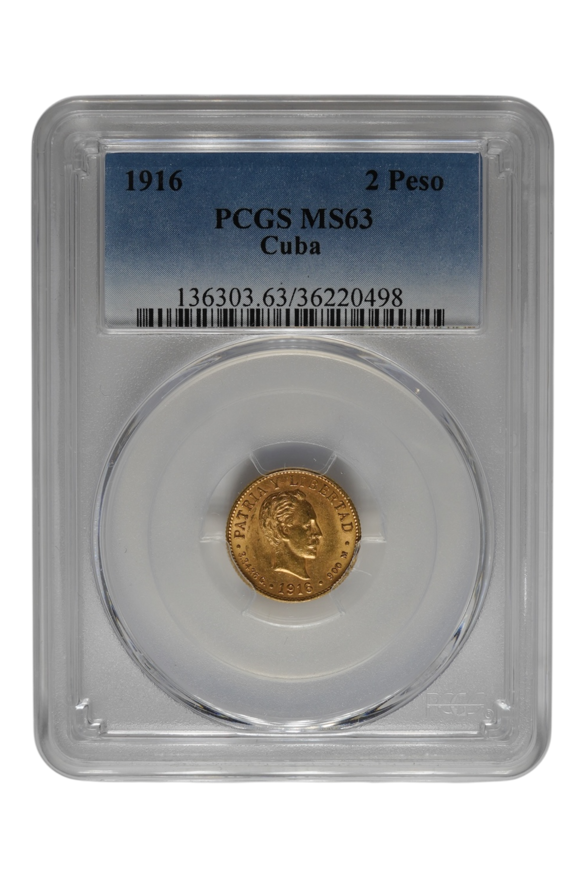 Cuba 1916 Gold 2 Pesos PCGS MS-63