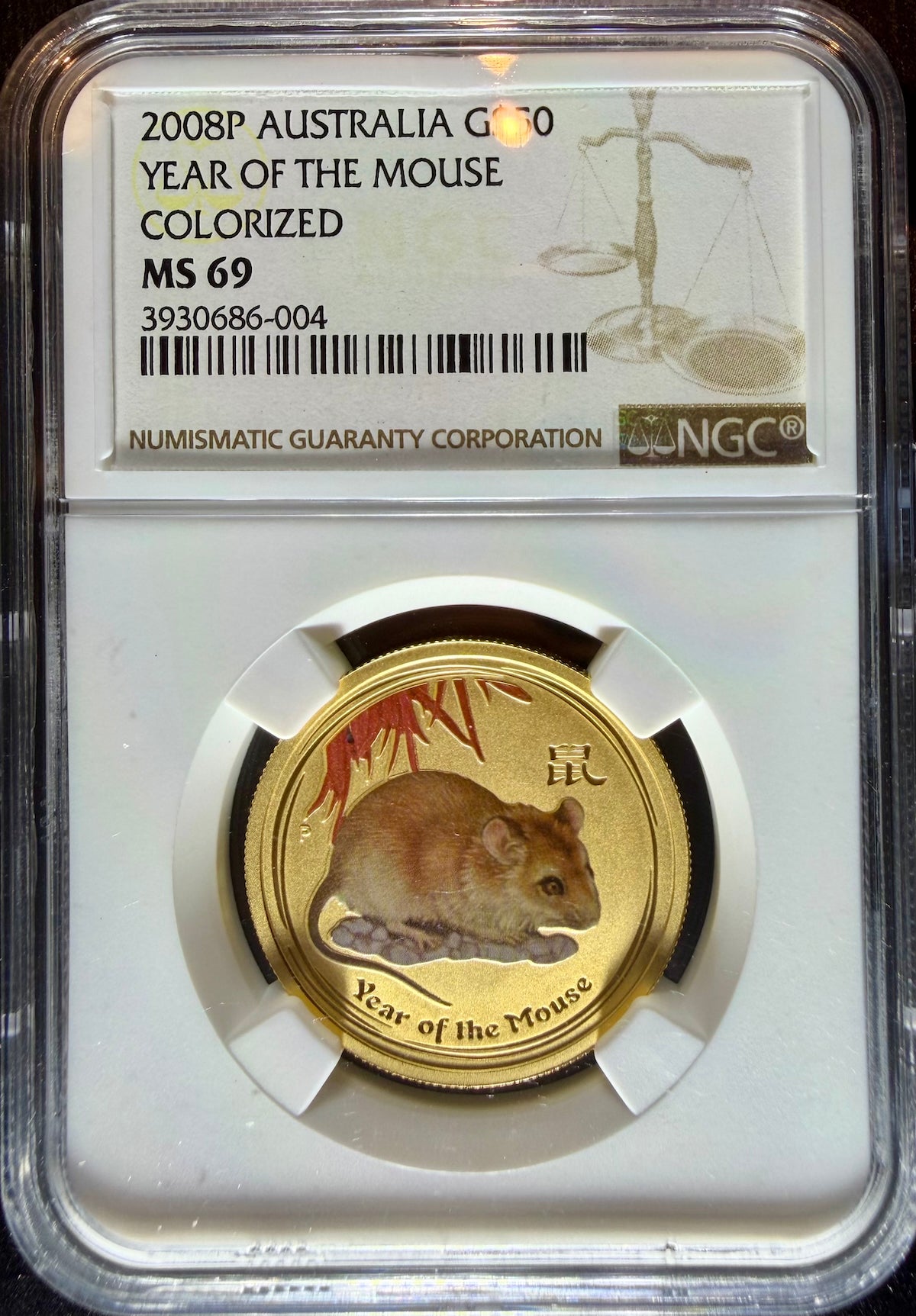 2008 1/2 oz Gold Australia Lunar Mouse NGC MS 69 Colorized