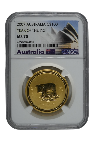 2007 1 oz Gold Australia Lunar Pig NGC MS 70