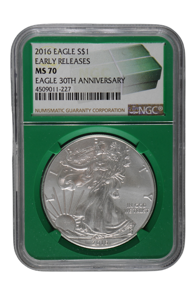 2016 $1 Silver Eagle 30th Anniversary Early Releases NGC MS-70 (Green Monster Box Holder)