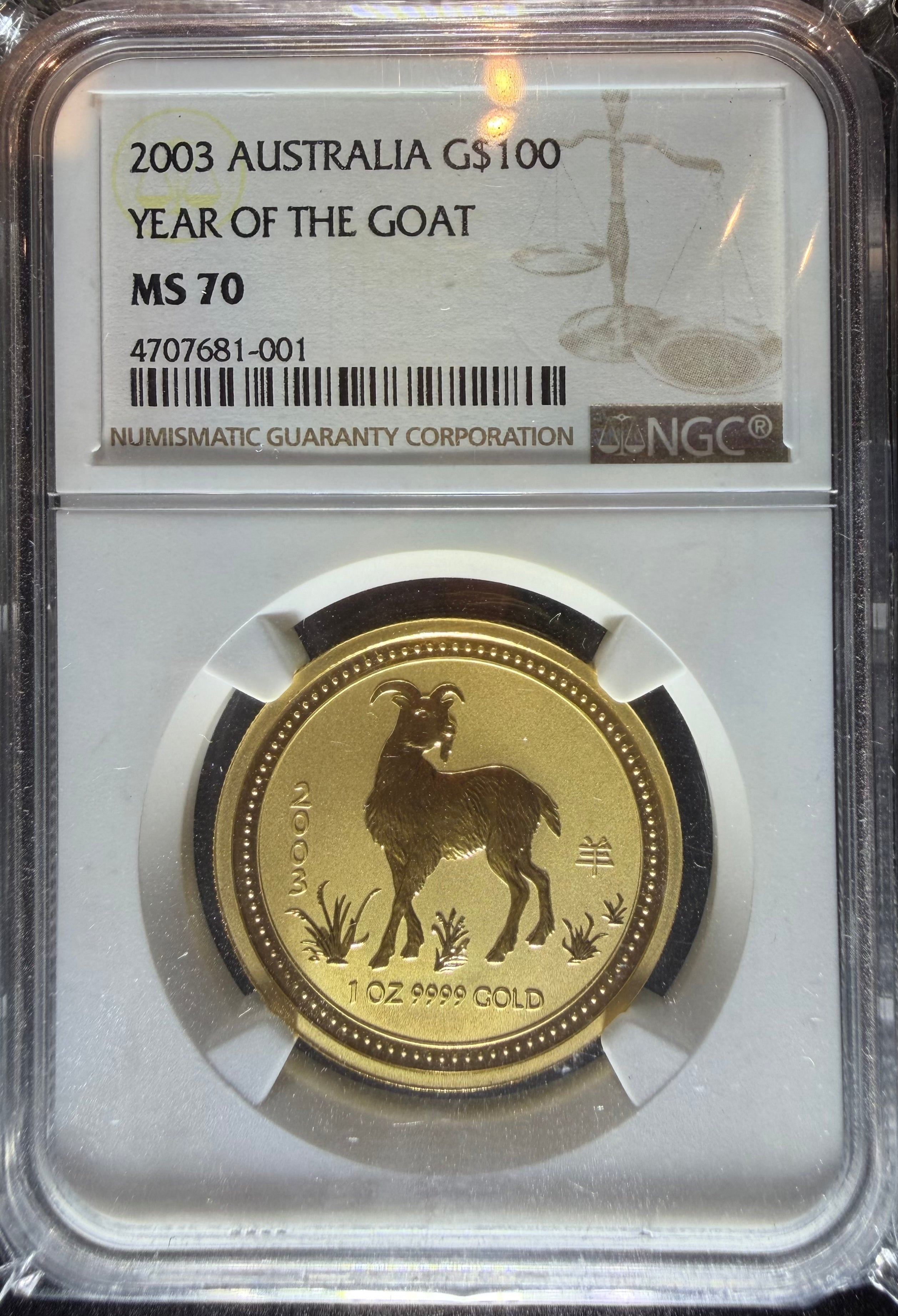 2003 1 oz Gold Australia Lunar Goat NGC MS 70