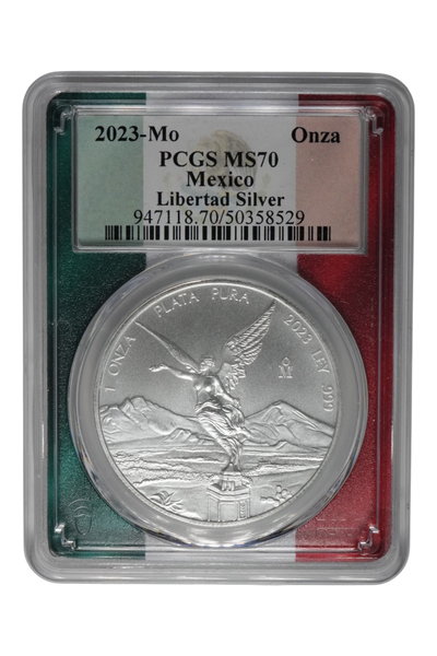 2023-Mo 1 oz Silver Mexico Libertad PCGS MS-70 Flag Picture Frame