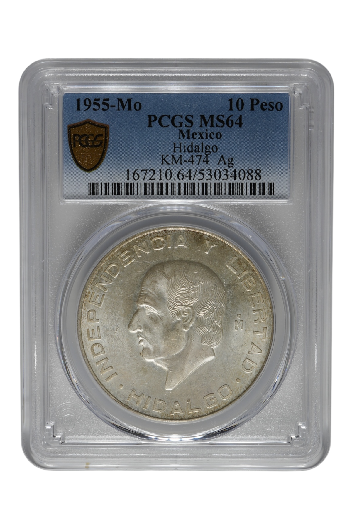 1955 Mexico Silver 10 Pesos Hidalgo PCGS MS 64