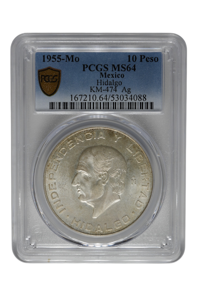 1955 Mexico Silver 10 Pesos Hidalgo PCGS MS 64
