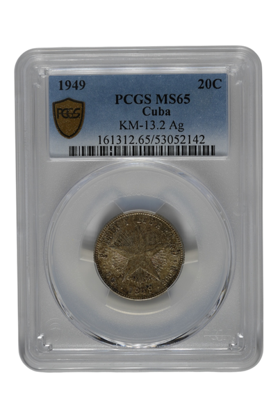 1949 0.1449 oz Silver Cuba 20 Centavos PCGS MS-65