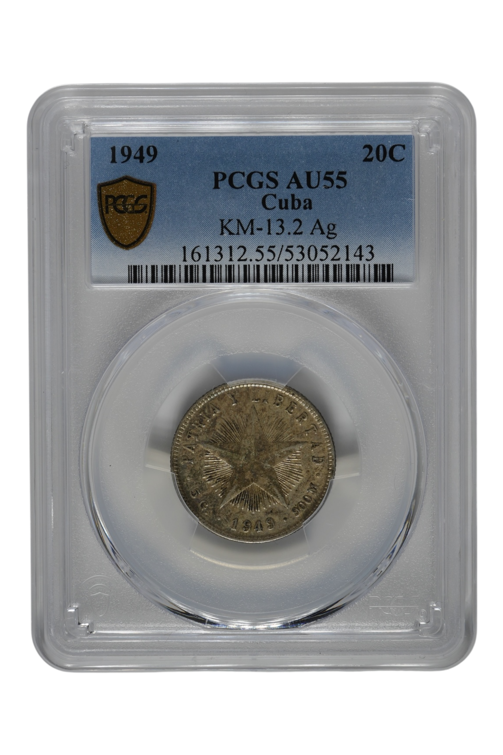 1949 0.1449 oz Silver Cuba 20 Centavos PCGS AU-55