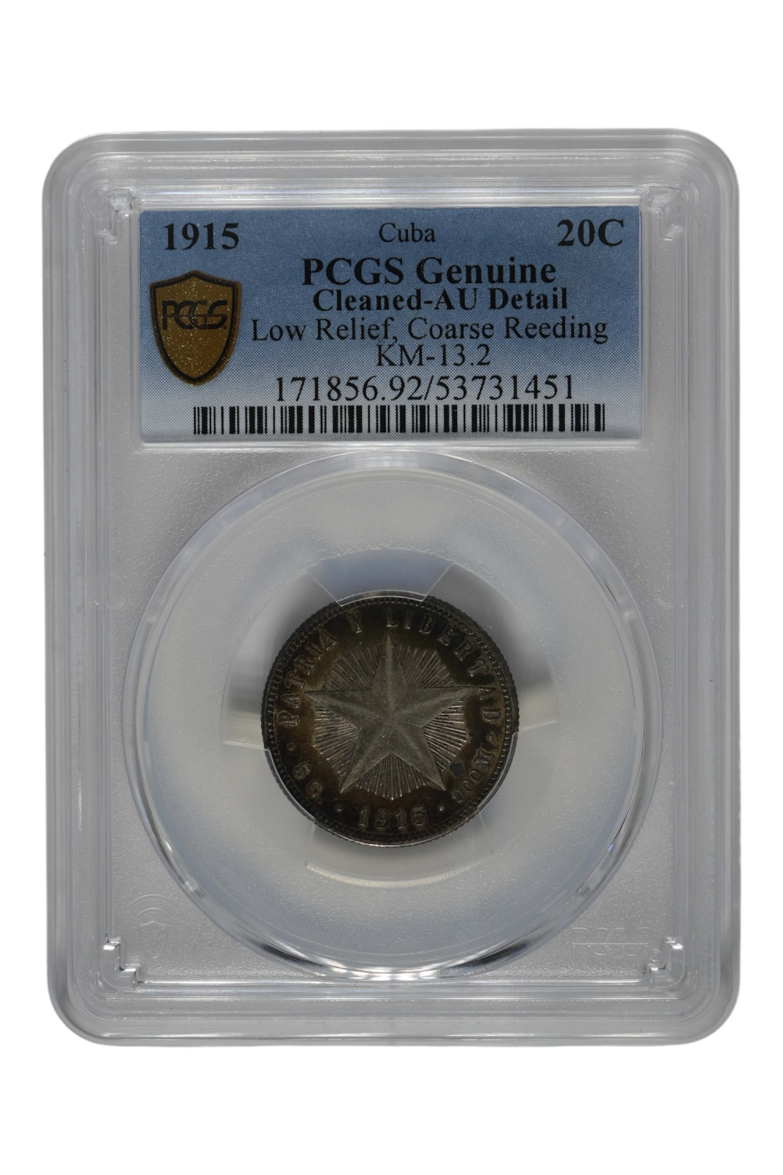 1915 0.1449 oz Silver Cuba 20 Centavos PCGS Genuine AU Detail