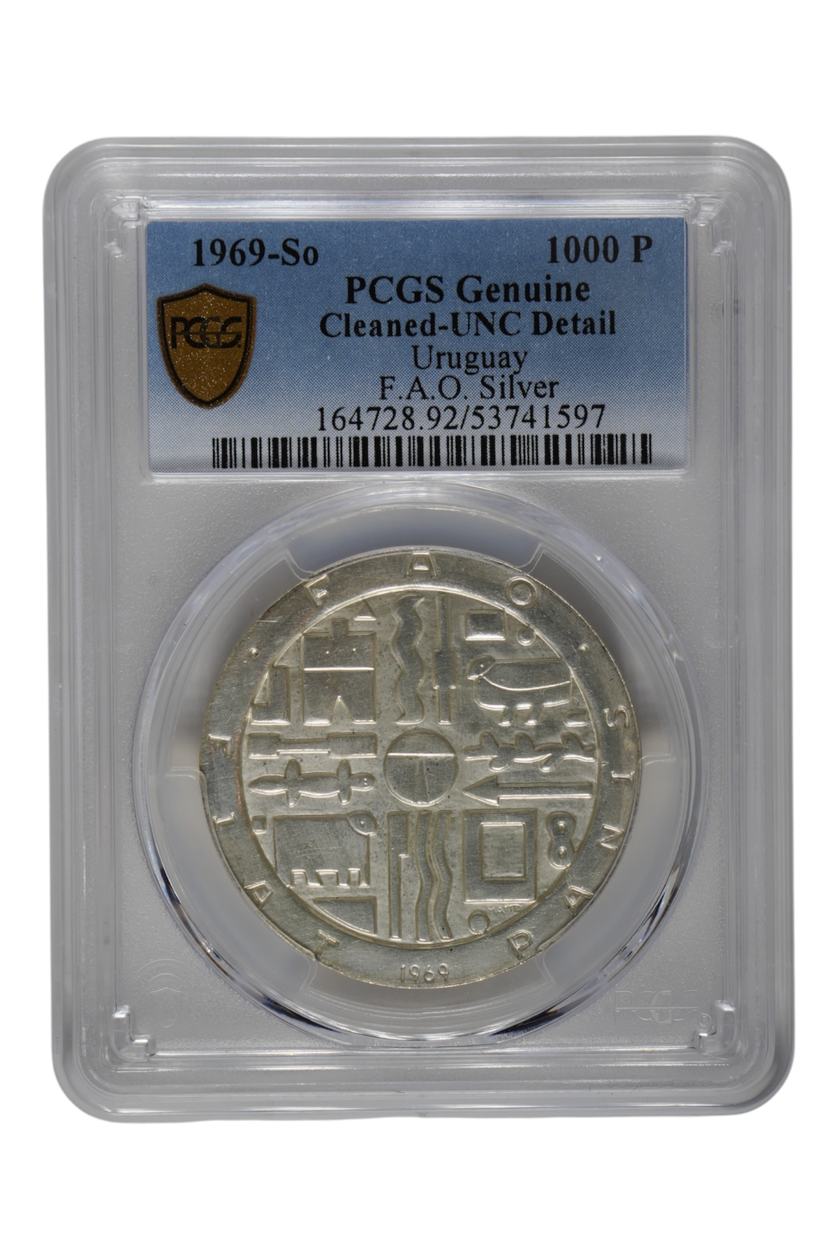 Uruguay 1969-So Silver 1,000 Pesos F.A.O. KM-55 PCGS Genuine Unc Details