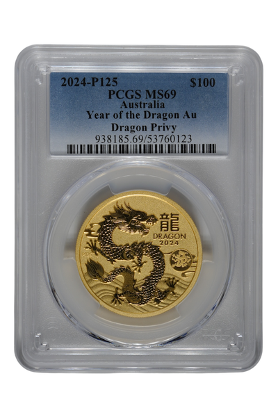 2024-P125 1 oz Gold Australia Lunar Dragon with Dragon Privy PCGS MS 69