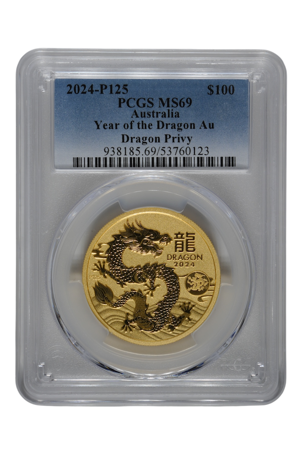 2024-P125 1 oz Gold Australia Lunar Dragon with Dragon Privy PCGS MS 69
